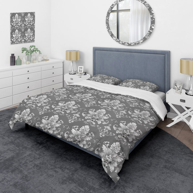 Grey White Glamour Damask III - Glam Duvet Cover Set, King Duvet Cover + 2 King Pillow Shams