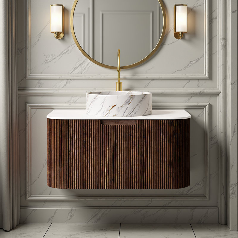 Meuble-lavabo flottant - comptoir en céramique blanche et comptoir en pierre (pré-assemblé, sans robinet), Brun, 30"