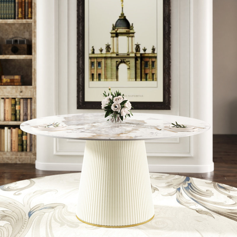 Table en pierre frittée blanche de 57,99 po pour salle à manger - pouvant accueillir 8 personnes, pour grandir et facile à nettoyer avec base stable en polyuréthane 8 places, surface