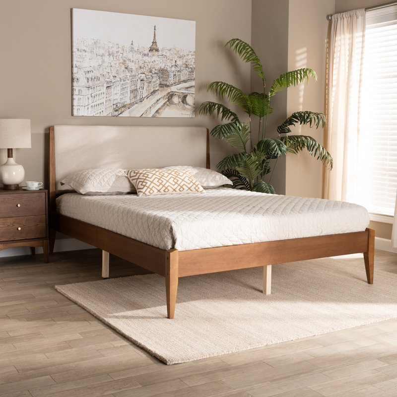 Rolph Upholstered Slat Bed, Beige/Walnut, Full/Double