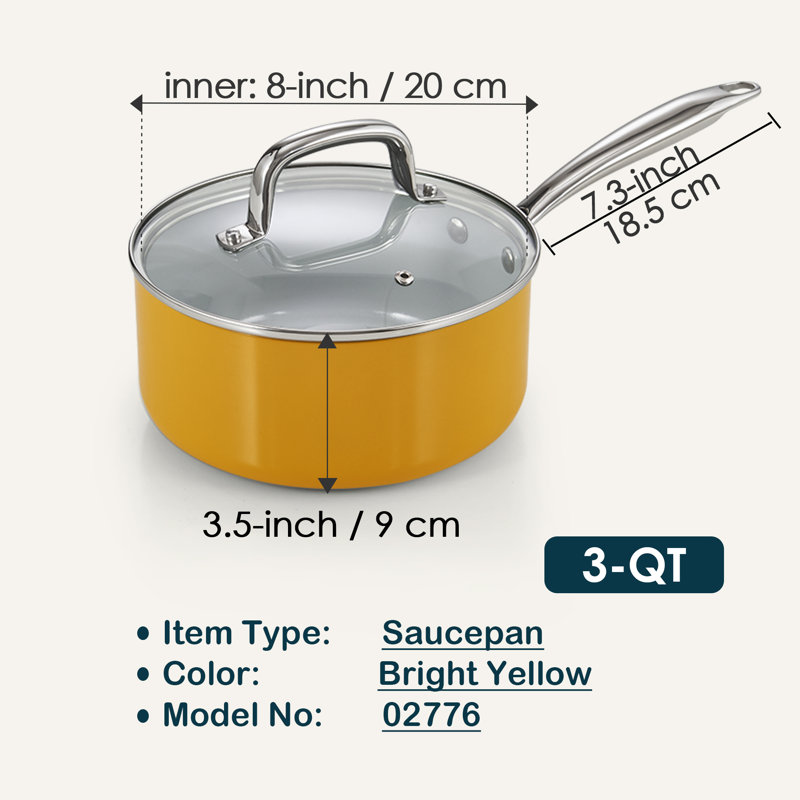 Casserole antiadhésive en céramique avec couvercle en verre de 3 pintes Cook N Home Classic, Jaune
