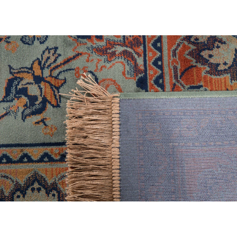 Bid Oriental Area Rug in Old Green/Orange/Blue, Rectangle 6'7" x 9'10"