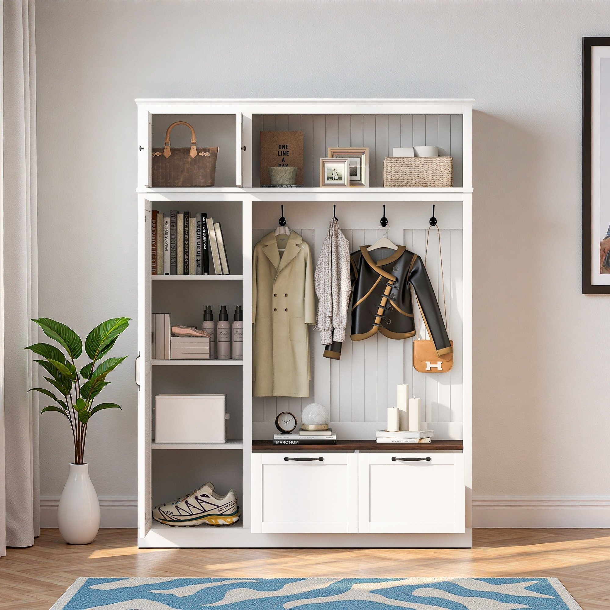 3-In-1 Hall Tree With Top Storage Cabinet, Open Storage, 3 Adjustable Side Shelves, 4 Heavy-Duty Hooks, 2 Spacious Drawers And Seat Bench - White