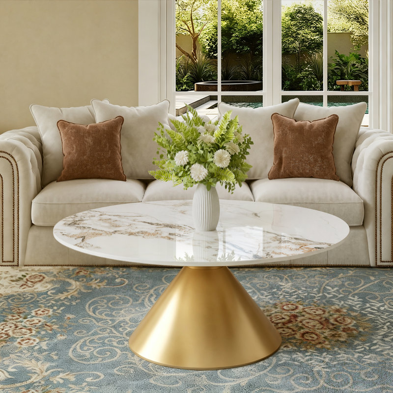  41.7" Round Sintered Stone Coffee Table,Gold Metal Pedestal Base, White/Gold