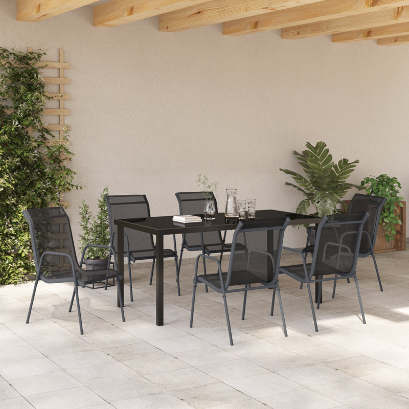 7 Piece Garden Dining Set Black PVC-coated polyester And Steel