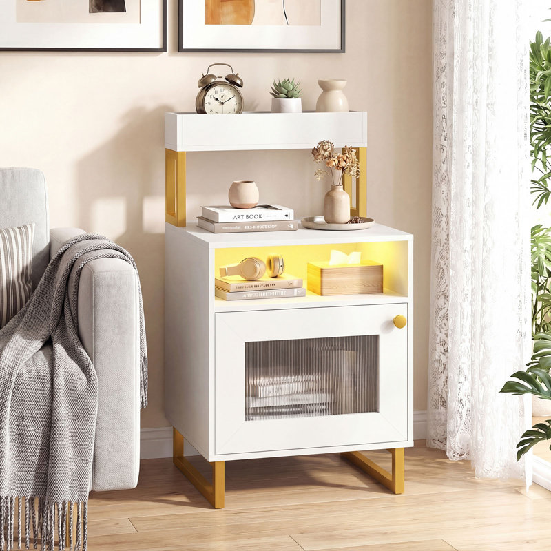 Table de chevet 2 pièces avec lumières DEL, table de bout moderne avec plateau supérieur, compartiment ouvert blanc, White, 2