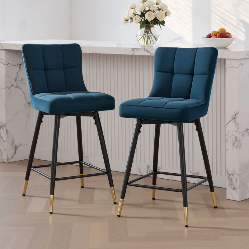 26"Swivel Upholstered Bar Stool, Velvet Blue
