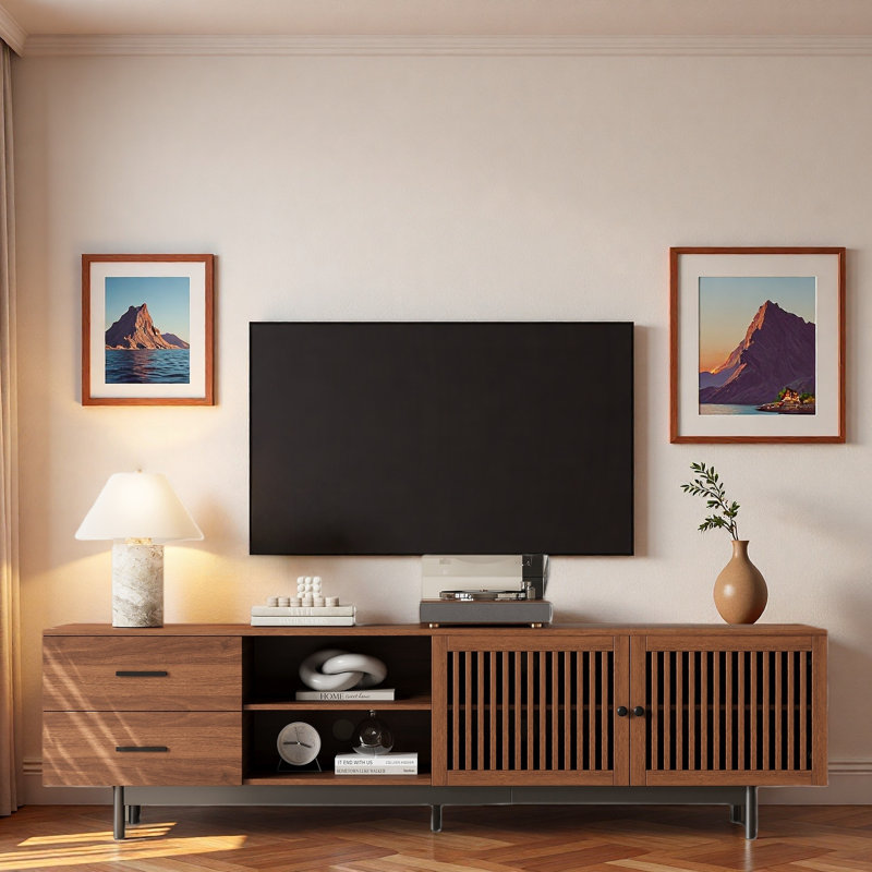 Meuble télé moderne avec 2 tiroirs profonds, armoire de rangement avec portes à lattes chics et gestion des câbles
