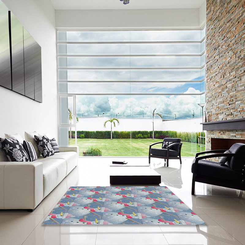 Tapis bleu/rouge à motifs, Carré 8 pi