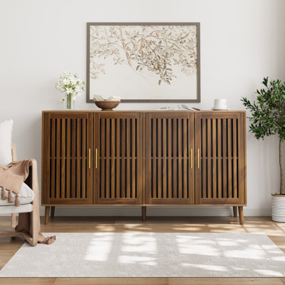 63" Walnut Sideboard With Grille-Striped Doors For Kitchen, Sideboard Cabinet, Modern Sideboard, Wood Sideboard, Storage Cabinet by George Oliver