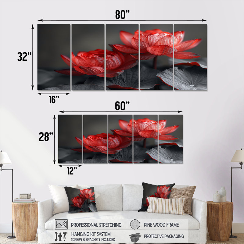 Rosso - ensemble d'art sur toile de lotus, H 28 po x l 60 po