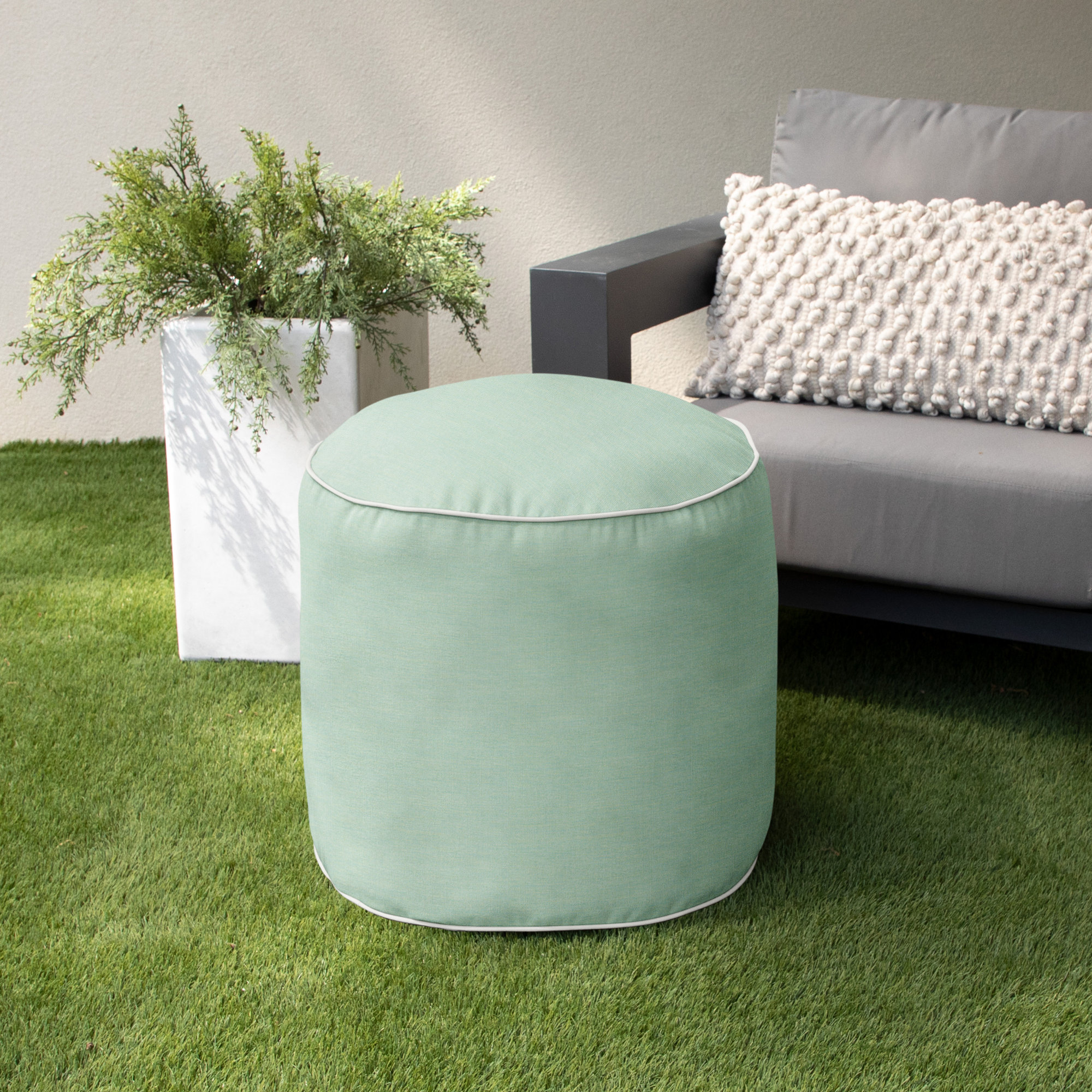 Demi Round Upholstered Outdoor Ottoman with Sunbrella® Cushion, Canvas Spa Sunbrella® Canvas