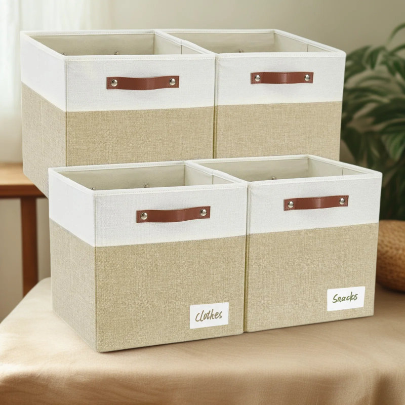 Bacs de rangement pliables en tissu avec poignées renforcées en PU pour étagères Kallax, organisation du salon
