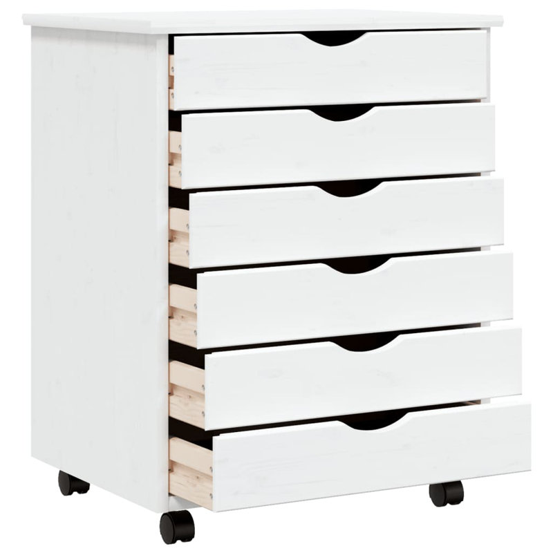 Commode à 6 tiroirs avec roulettes Ladehe Moss, pin massif, Blanc