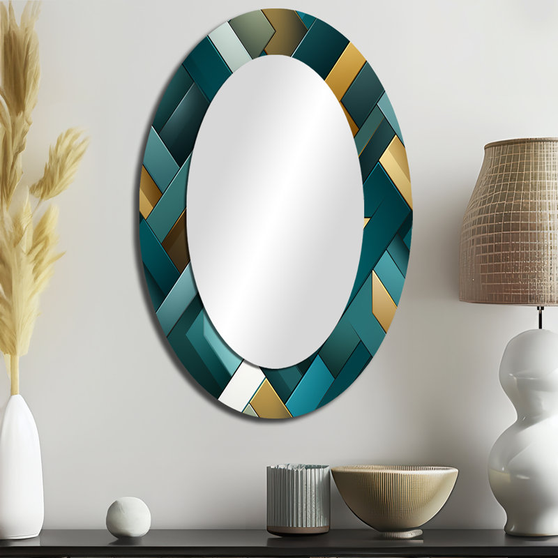 Teal Modern Geometric Tiles - Large Oval Wall Mirror On Metal, 36" H x 24" W