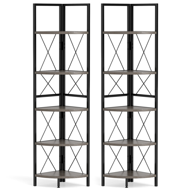 2 PCS 5-tier Corner Display Rack Corner Ladder Bookshelf w/ Sturdy Metal Frame, Oak/Black