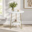 Table d'appoint ronde à 2 niveaux en faux marbre blanc, table de chevet d'appoint moderne avec pieds en épingle à cheveux dorés