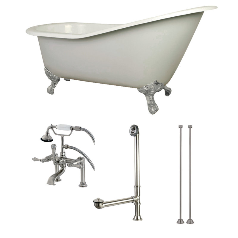 Kingston Brass Aqua Eden 62-Inch Cast Iron Oval Single Slipper Clawfoot Tub with Faucet Drain and Supply Lines Combo