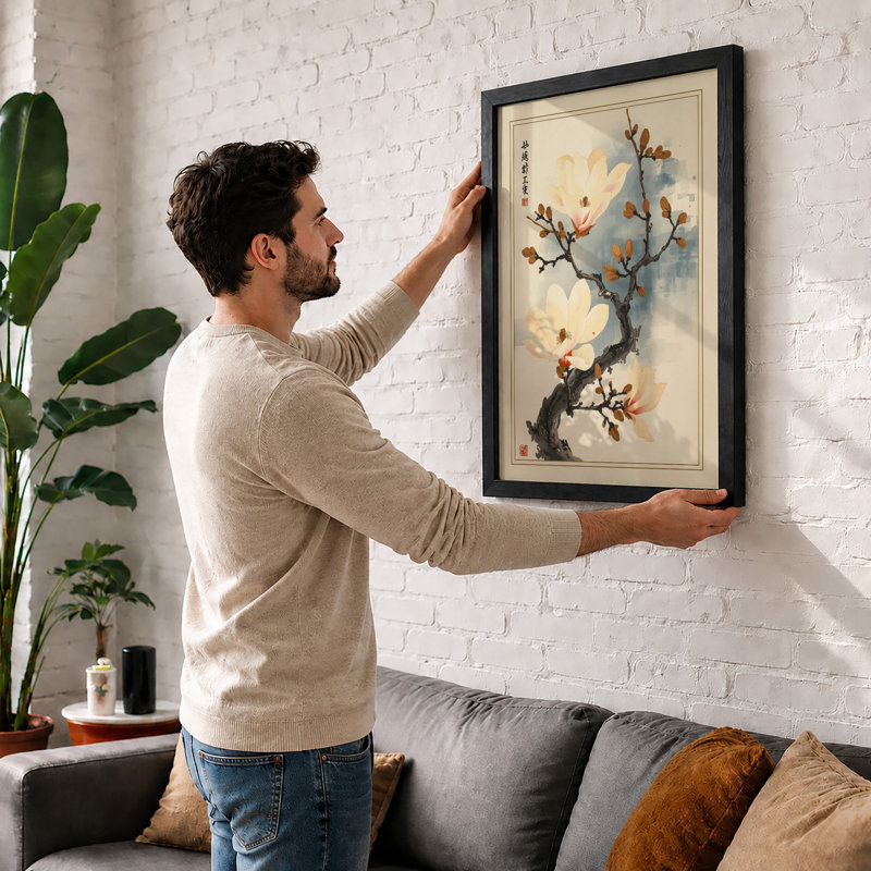 Moonlit Cherry Blossom Japandi - Framed Print, Walnut, A1 - 84.1 x 59.4 cm