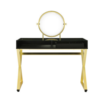 Bureau de meuble-lavabo avec cadre noir et doré, cadre en métal, miroir, plateau à bijoux et 2 tiroirs, conception rectangulaire de 42 pouces de large dans la teinte, aspect 50 paramètres élevés