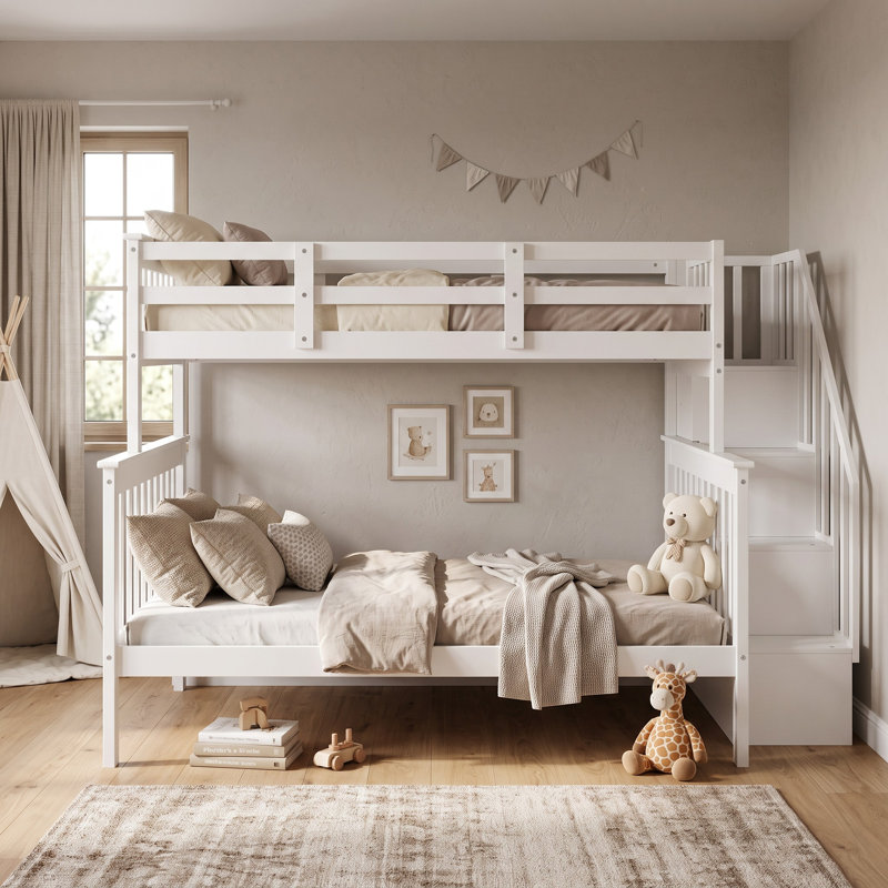 Lit superposé en bois avec escalier de rangement, Twin Over Full, Blanc
