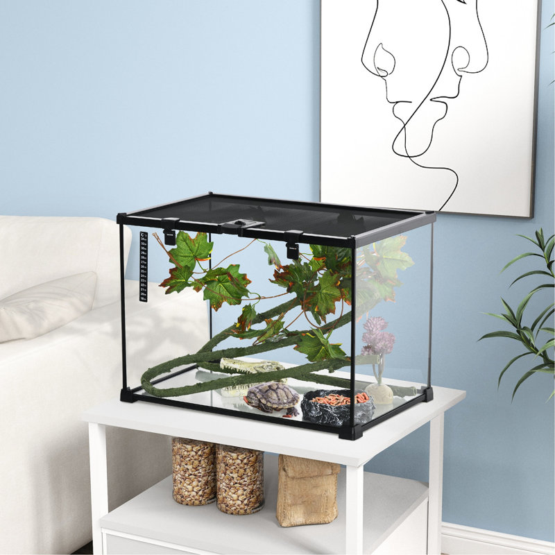 Boîte de terrarium pour reptile 14 gallons, noir avec feuille d'érable et décor de cachette pour les lézards, les serpents, les grenouilles et les araignées