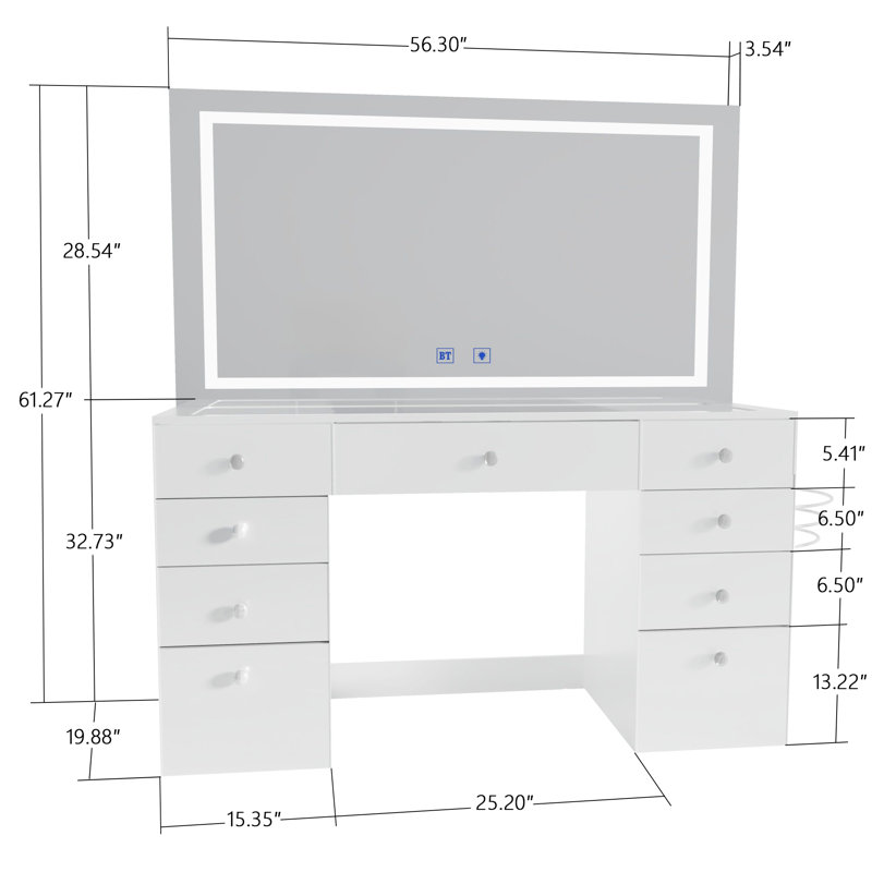 Selina Extra-Large Premium Vanity Table With Integrated Speakers And Luxury Storage, White