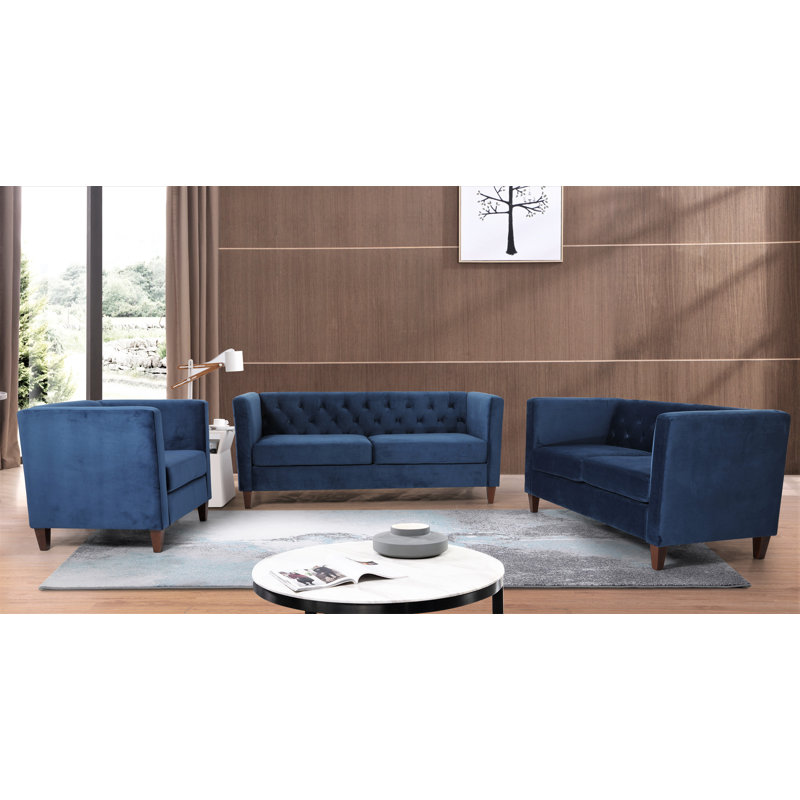 Ensemble de salon en velours 3 pièces Leeanna, Velours bleu foncé