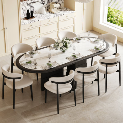 Drennen 79" Modern Oval Dining Table Set With 8 Fully Assembled Dining Chairs, White Sintered Stone Table Top With Black Solid Wood Veneer Base