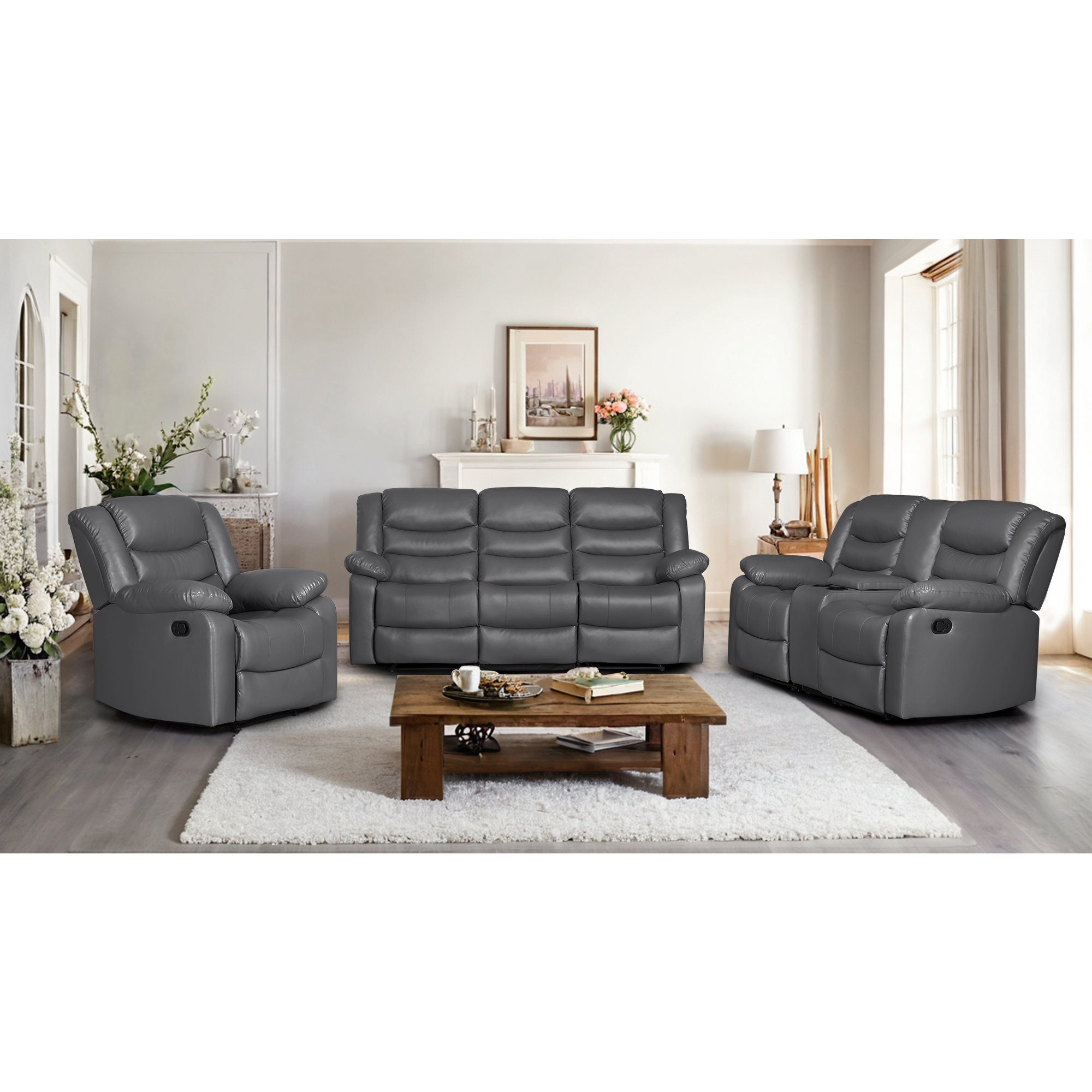 Latitude Run® One Modern Manual Recliner Sofa Set, Faux Leather ...