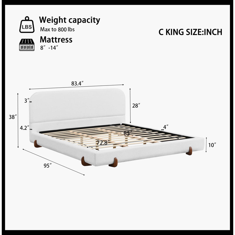Unique Design, White Fabric And Solid Wood Legs Upholstered Bed Frame,California King, California King, White