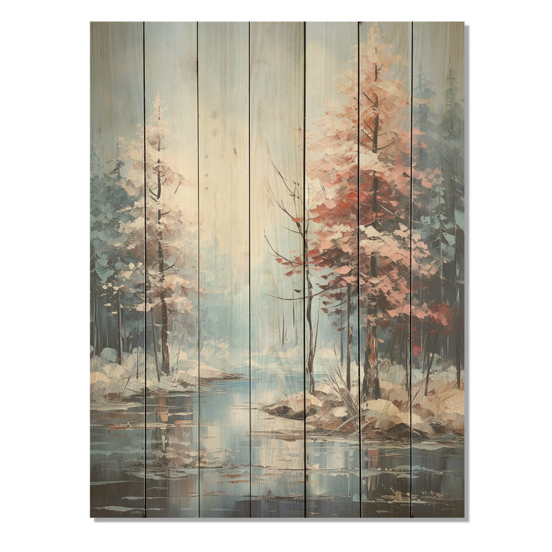 Lac en forêt d'hiver - Forêt sur bois, H 44 po x l 34 po