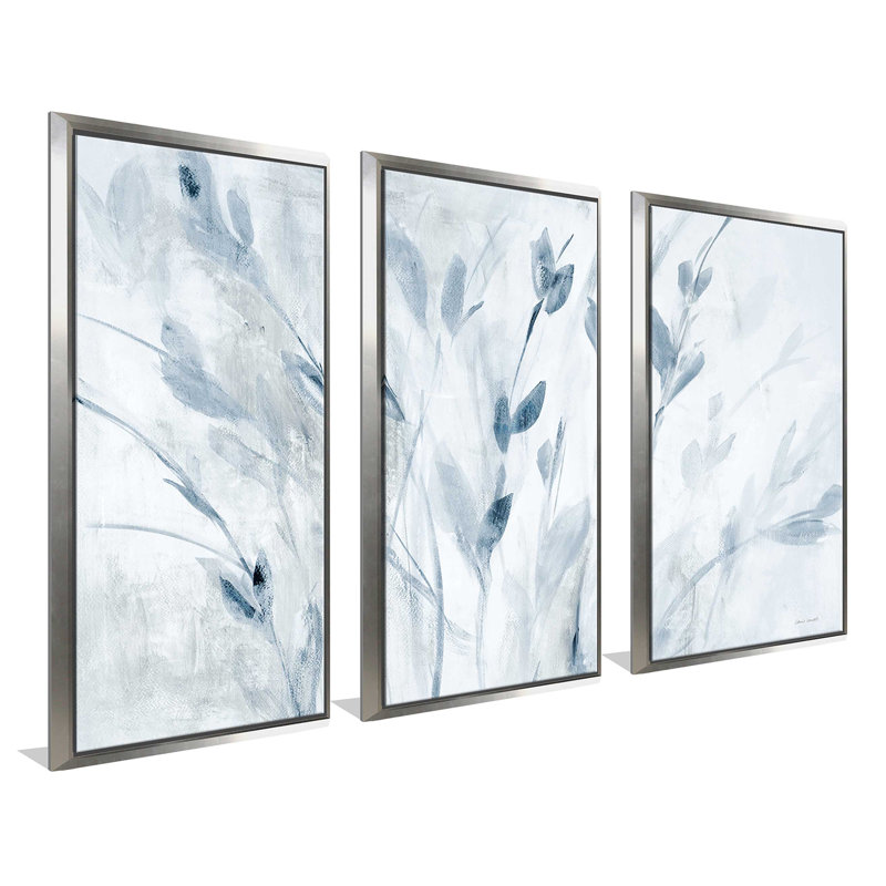 «Blue Misty Leaves», peinture sur toile flottante 3 pièces, L 52,5 po x H 33,5 po