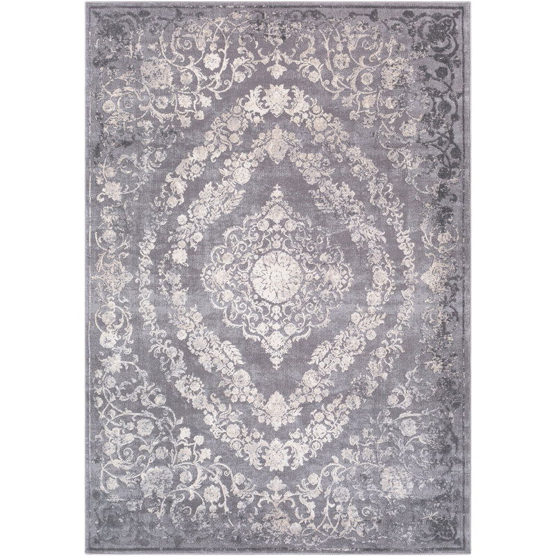 Tapis oriental gris tissé au métier mécanique Korando, Rectangle 9 pi 3 po x 12 pi 3 po