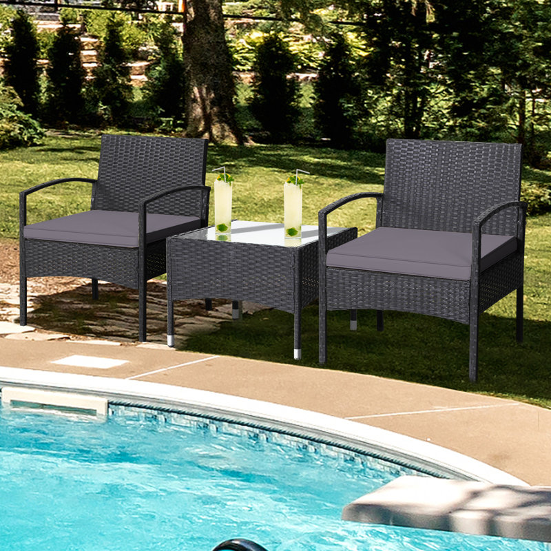 Ensemble de conversation en osier avec coussins Sunbrella 3 pièces Patiojoy, gris