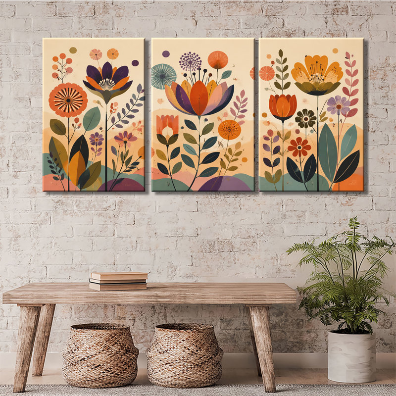 Ensemble de 3 impressions sur toile rétro à blocs de couleur rétro, décoration florale orange, sarcelle et mauve
