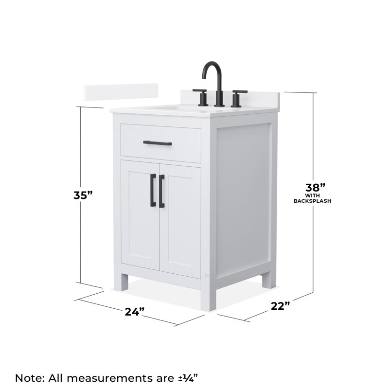 Beckett 24" Freestanding Single Bathroom Vanity with Quartz Top, White, Matte Black, White Quartz