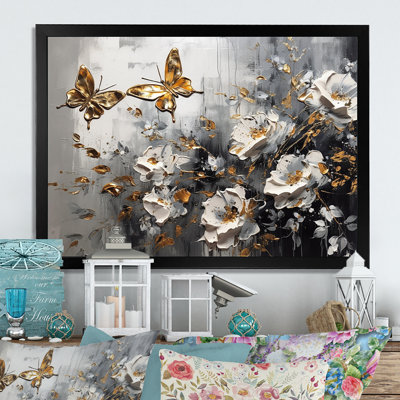 «Ryonna Golden White Butterfly Wings And Flowers II», reproduction sur toile