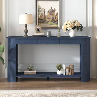 Console en placage de chêne moderne de 59,8 po avec 3 tiroirs, table d'entrée de style campagnard avec tablette, table de canapé en bois de conception semi-circulaire, convient au salon, au couloir, au vestibule, au vestibule, au couloir