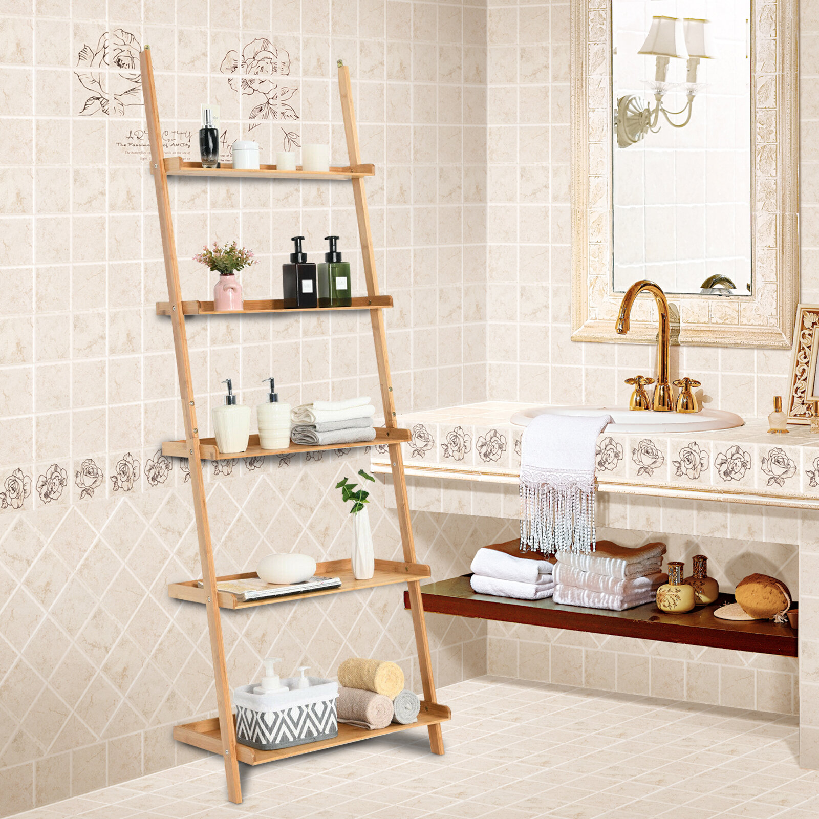 White/Bamboo 3-Tier Bath Leaning Ladder Shelf