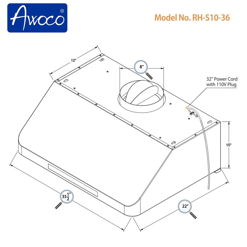 Awoco 36" Stainless Steel 1000 CFM Ducted (Vented) Under Cabinet Range Hood with Baffle Filter