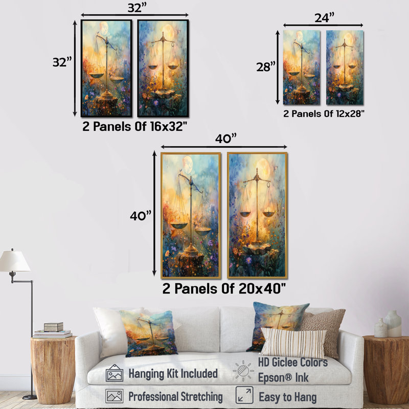 Ensemble d'œuvres murales 2 pièces jaune et bleu Astrology, H 28 po x l 24 po, Toile tendue sur cadre, Ne s’applique pas
