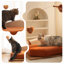 Lit en bois pour animaux de compagnie pour chats et chiens - placage de chêne, structure en bois multi-couches, tissu résistant aux égratignures, mousse haute résilience, jouet suspendu - moyennes et grandes races