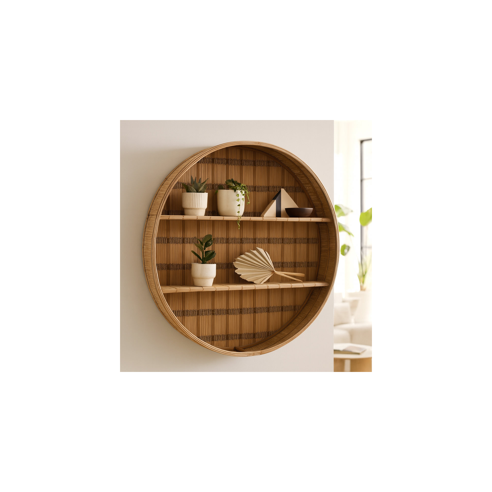 Olwen 5"Wx31" Diameter, Bamboo Wall Shelf, Natural Finish, Rustic and Decorative Storage Solution for Bedroom, Bathroom, Office, Kitchen, or General Living Space.