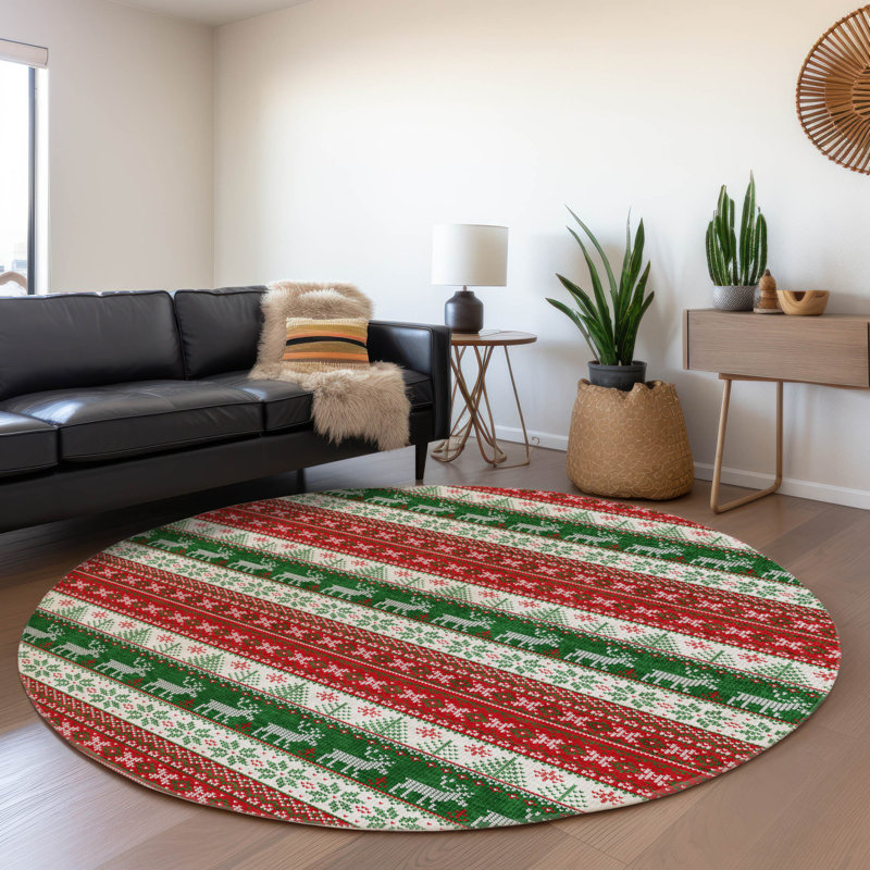 Tapis rouge renne de Noël intérieur / extérieur lavable à la machine, Rond 8 pi