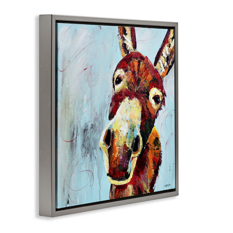 Visage d'âne sur fond bleu, Cadre flottant gris lustré, H 25 po x l 25 po