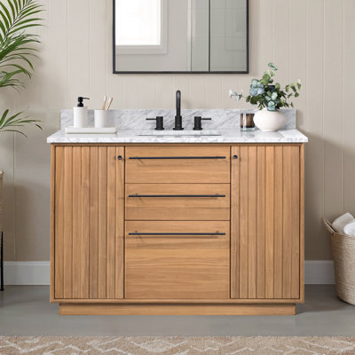 49 po Parker Meuble-lavabo simple en teck naturel avec plateau en marbre blanc de Carrare