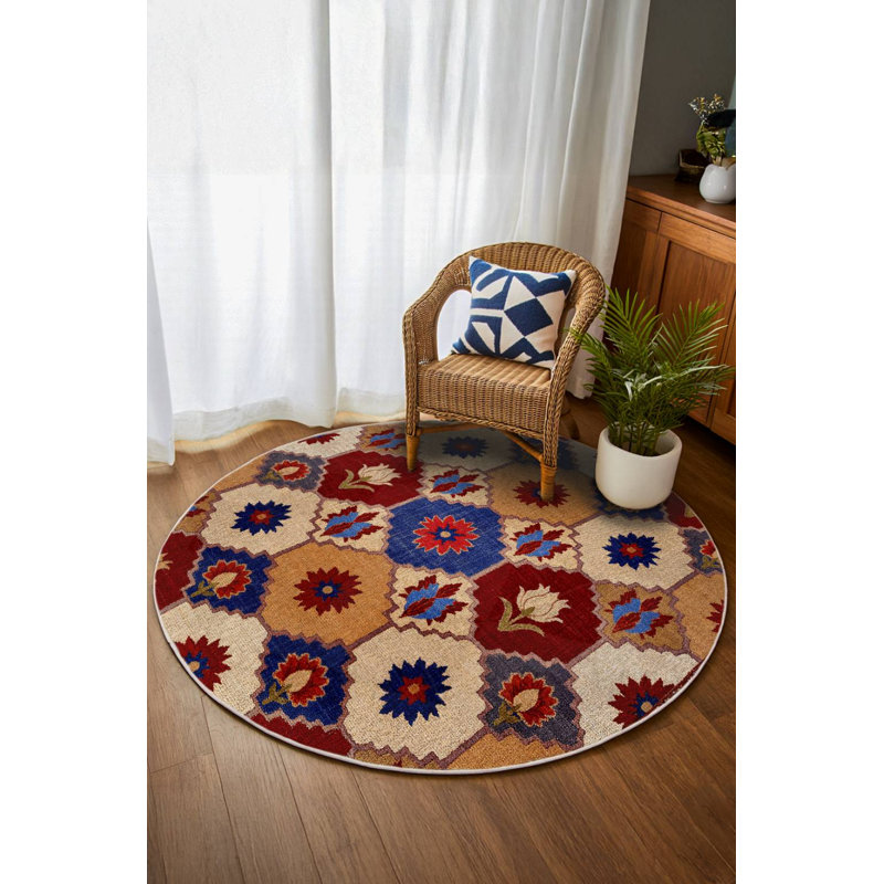 Tapis en coton et polyester multicolore à imprimé numérique Saffron Collection, Rond 3 pi 4 po