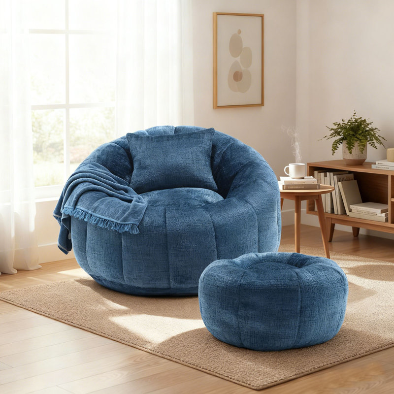 Ensemble de fauteuil à billes et de repose-pieds en mousse viscoélastique Cloud-Like, Chenille bleu paon