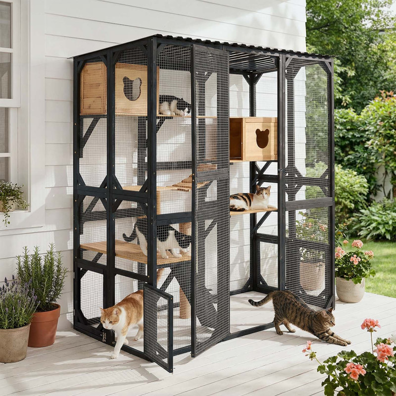 Enclos d'extérieur pour chat avec maisons de couchage, plateformes de saut et poteau à griffes pour un jeu félin sécuritaire et captivant, noir et naturel